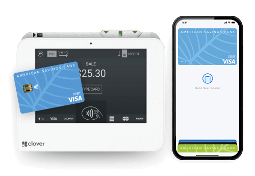 Debit card art with mobile pay and merchant services